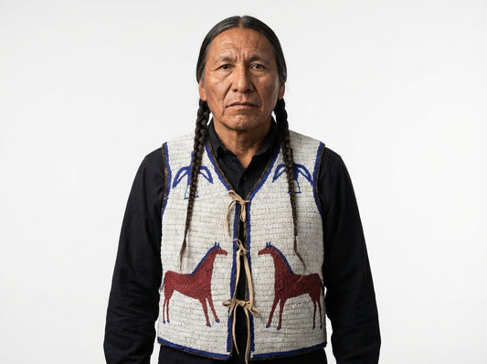 Old American Sioux Style Handmade Fully Beaded Powwow Regalia Vest BV5
Man wearing a patterned vest with horse designs on a white background