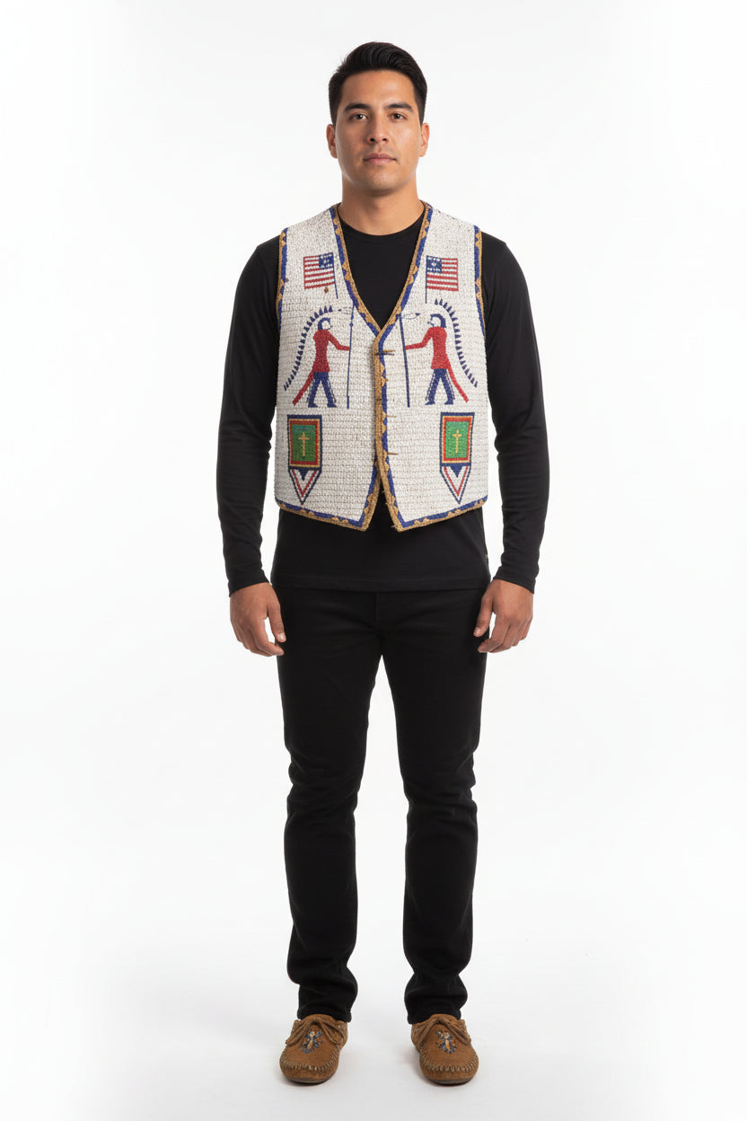 Decorative vest with American flags, figures, and symbols on a white background