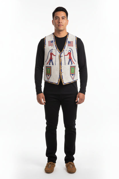 Decorative vest with American flags, figures, and symbols on a white background