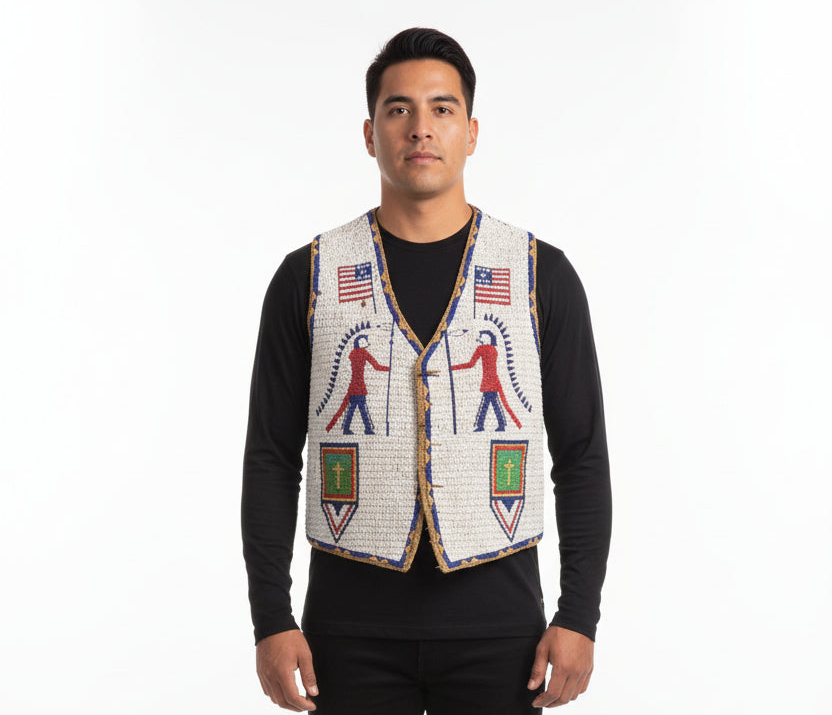 Man wearing a patterned vest with American flags and figures on a white background