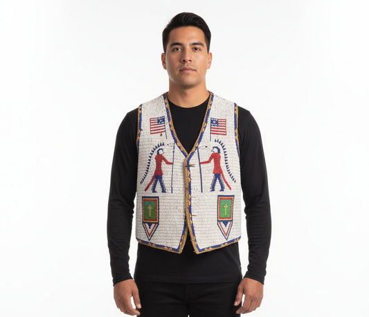 Man wearing a patterned vest with American flags and figures on a white background