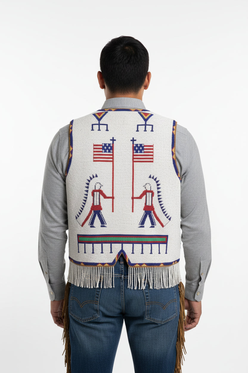 Traditional Native American beaded vest with intricate patterns and symbols on a white background