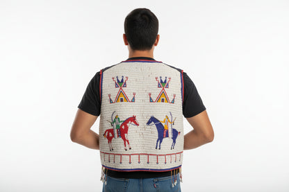 Quilted vest with embroidered designs of horses and Native American figures on a white background.