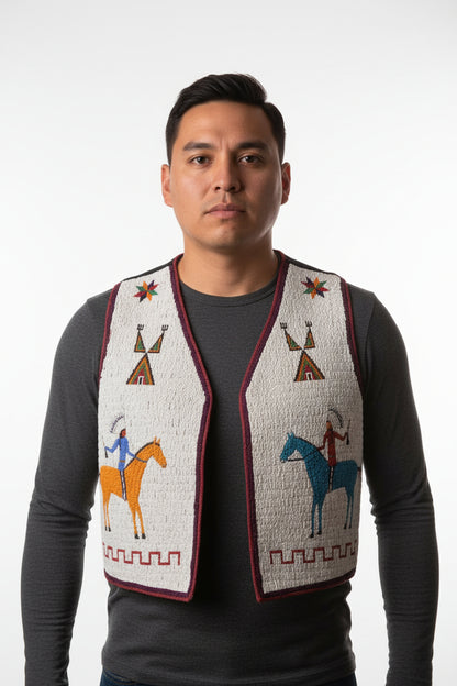 Embroidered vest with Native American designs on a plain background
