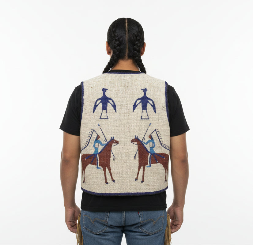 Vest with embroidered designs of people on horseback on a white background