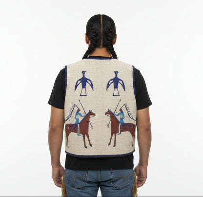Vest with embroidered designs of people on horseback on a white background