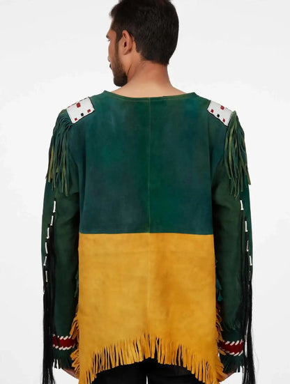 Back view of a Zhim Leather Creations men's forest green and mustard yellow beaded fringe war shirt