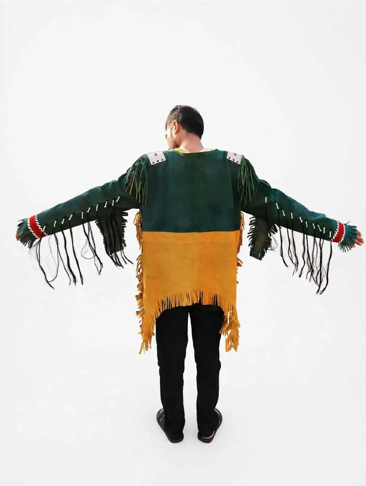 Back view of Men's forest green and mustard yellow beaded fringe war shirt by Zhim Leather Creations