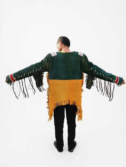 Back view of Men's forest green and mustard yellow beaded fringe war shirt by Zhim Leather Creations