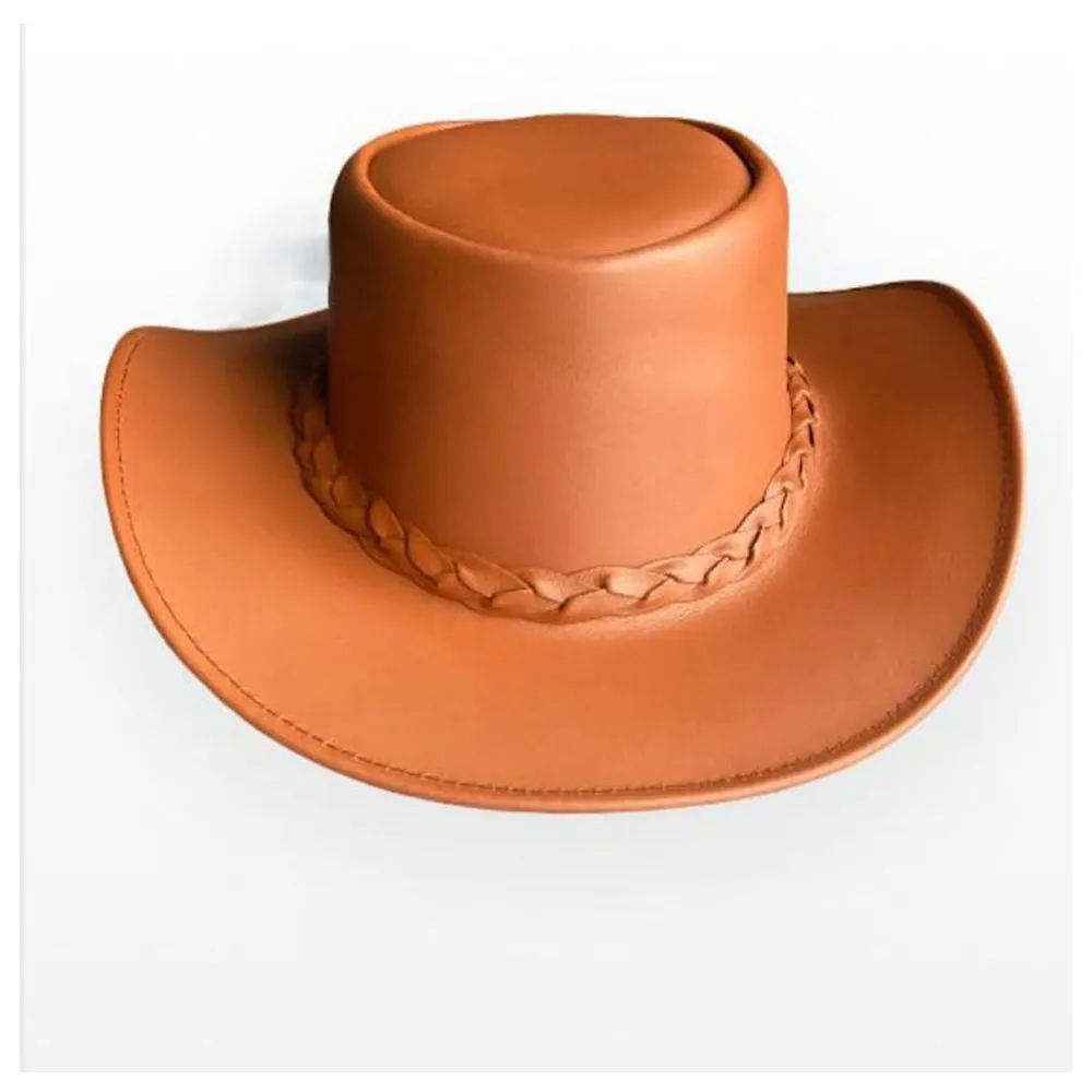 Tan Leather Cowboy Hat Hand-Braided Band Natural Finish