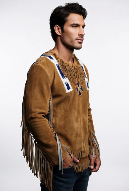 Man wearing a brown suede jacket with fringes and patterns on a white background
