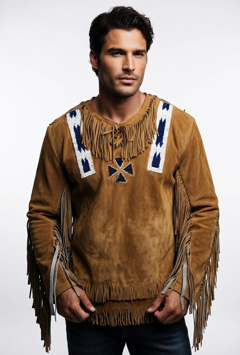 Man wearing a brown fringed shirt with white and blue patterns on a white background