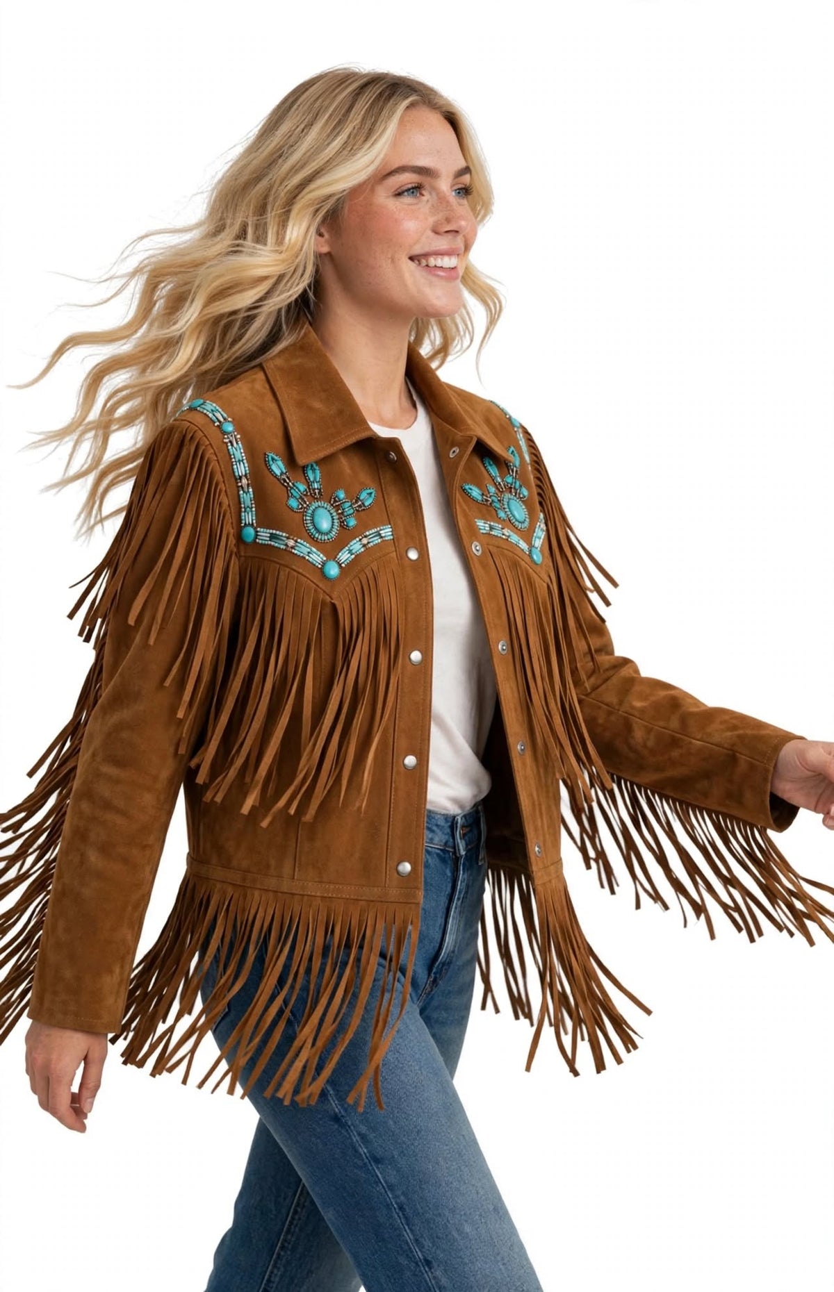 Turquoise Concho Fringe Suede Jacket – Western Boho Cowgirl Jacket