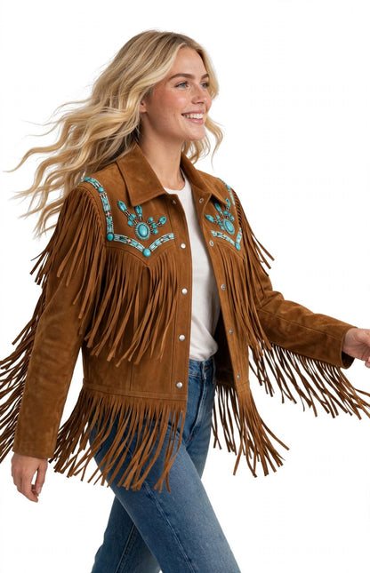 Turquoise Concho Fringe Suede Jacket – Western Boho Cowgirl Jacket