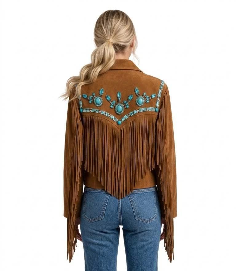 Turquoise Concho Fringe Suede Jacket – Western Boho Cowgirl Jacket