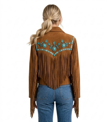 Turquoise Concho Fringe Suede Jacket – Western Boho Cowgirl Jacket