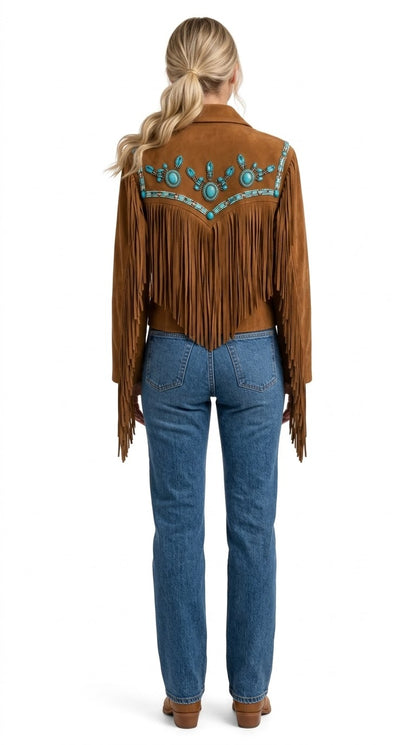 Turquoise Concho Fringe Suede Jacket – Western Boho Cowgirl Jacket