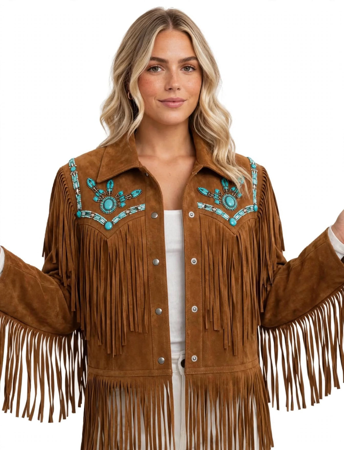 Turquoise Concho Fringe Suede Jacket – Western Boho Cowgirl Jacket