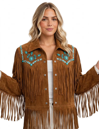 Turquoise Concho Fringe Suede Jacket – Western Boho Cowgirl Jacket