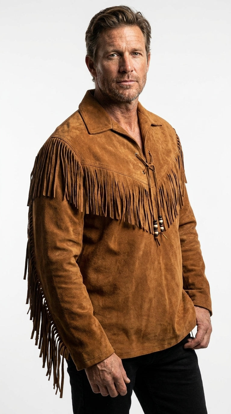 Men's Brown Suede Fringe Pullover Shirt