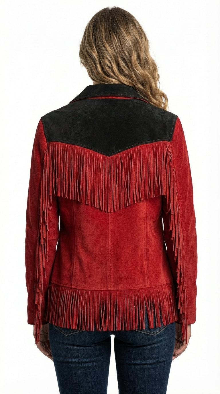 Red suede jacket with black accents and fringes on a white background