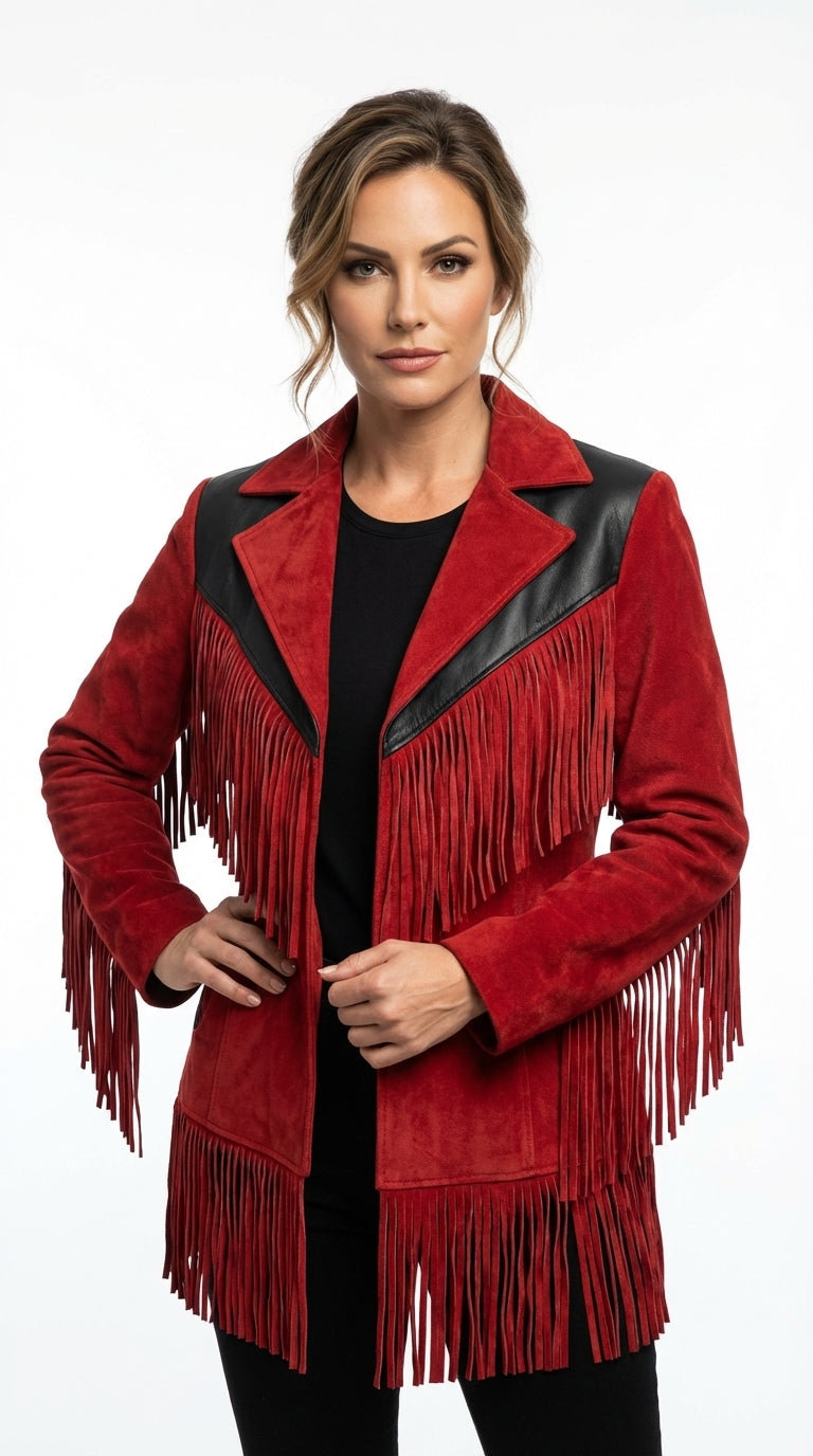 Red fringed jacket with black accents worn by a model on a white background