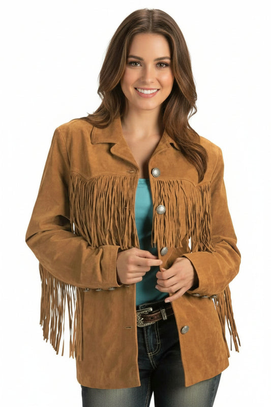 Woman wearing a brown suede jacket with fringes on a white background