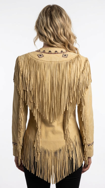 Beige fringed jacket worn by a person on a white background