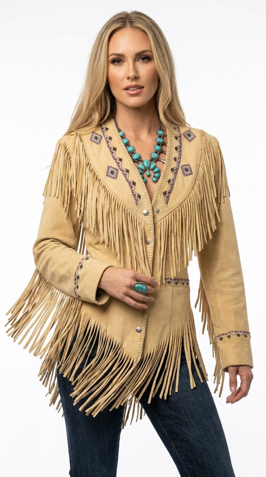 Woman wearing a beige fringed jacket with decorative elements on a white background