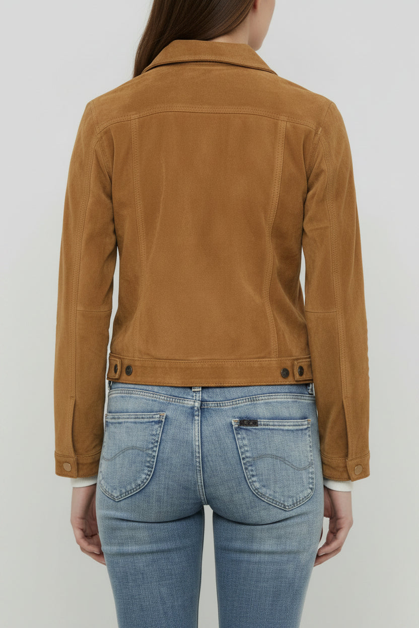 Person wearing a brown jacket and blue jeans on a white background