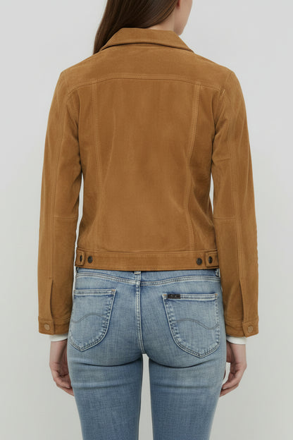 Person wearing a brown jacket and blue jeans on a white background