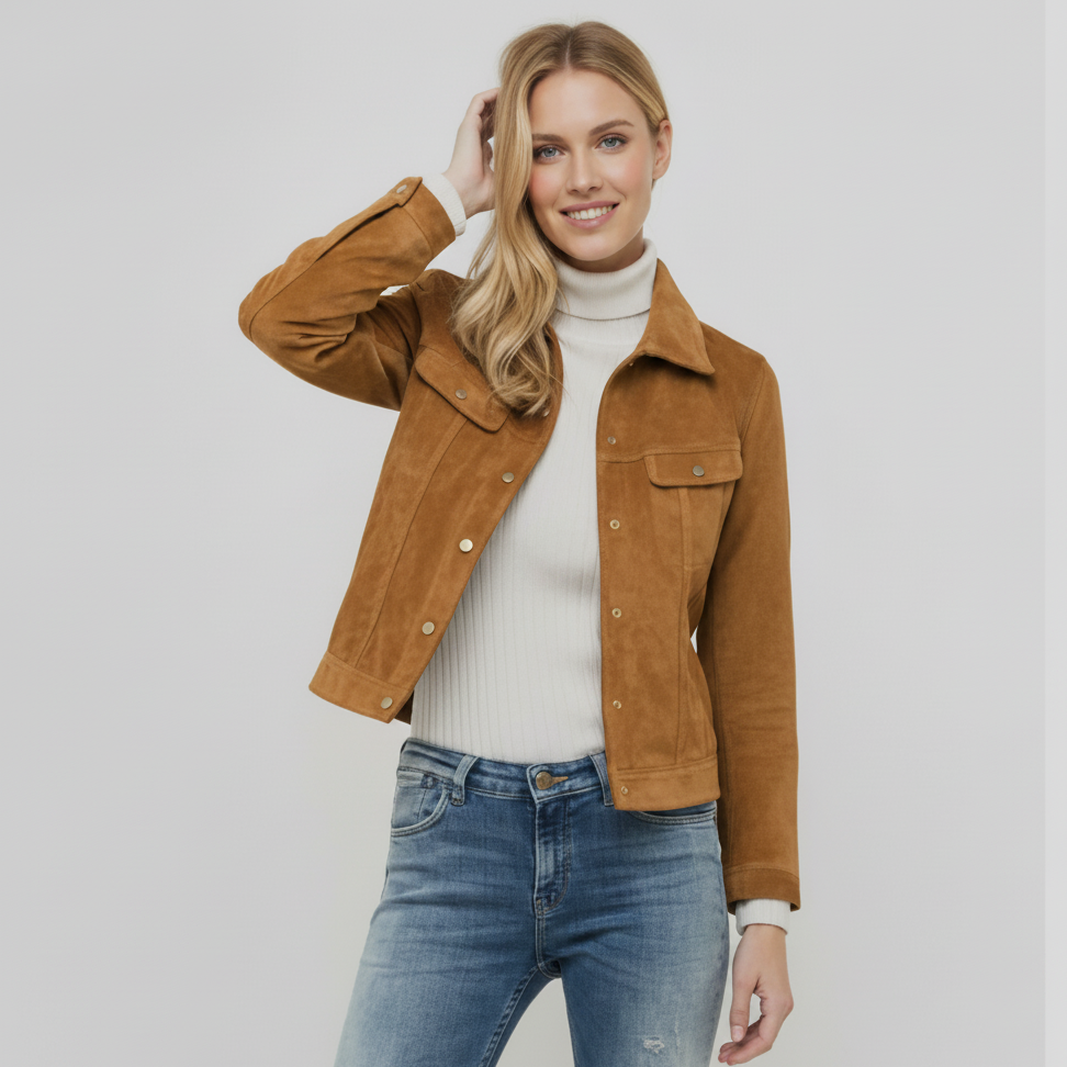 Woman wearing a brown jacket, white turtleneck, blue jeans, and brown boots on a white background