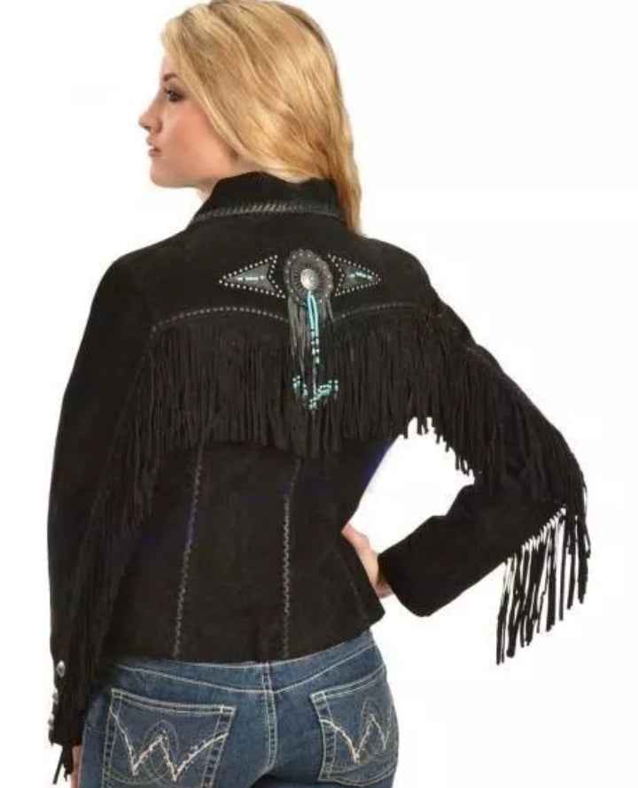 Black fringed jacket with decorative elements on a white background