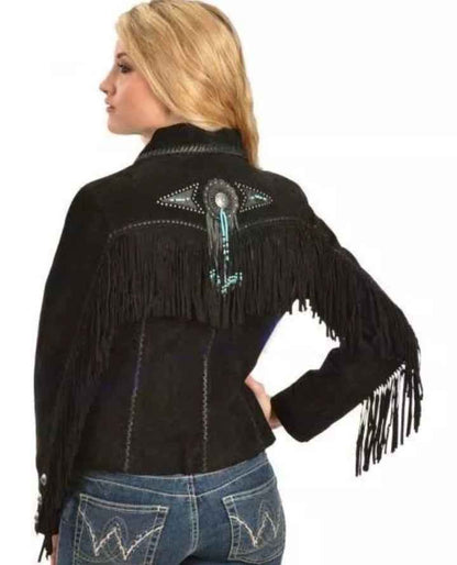 Black fringed jacket with decorative elements on a white background