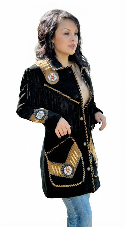 Women's Black Suede Western Fringe Jacket