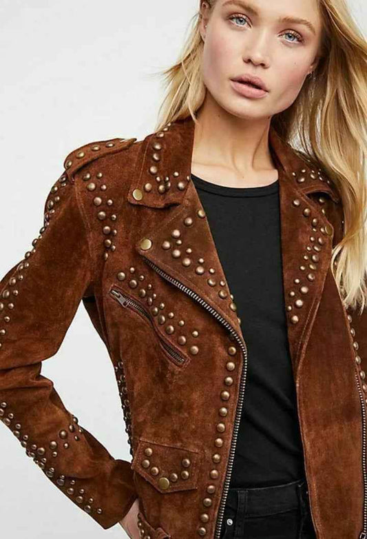 Woman wearing a brown suede jacket with studs on a white background