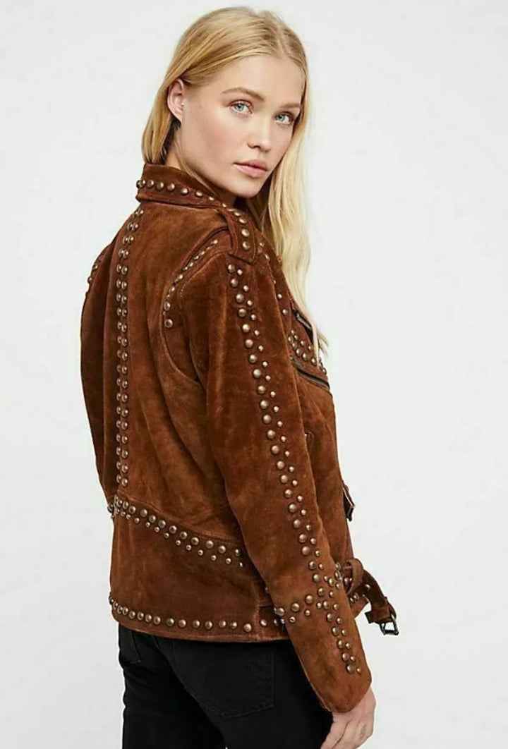 Brown suede jacket with studs on a white background