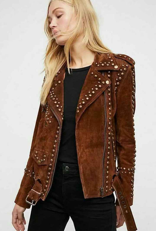 Brown suede jacket with studs on a white background