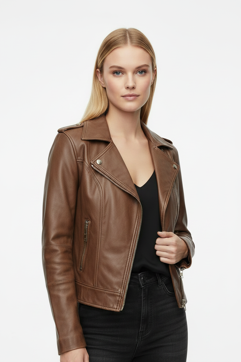 Women's Cognac Brown Leather Biker Jacket - Handcrafted Slim Fit Moto Style