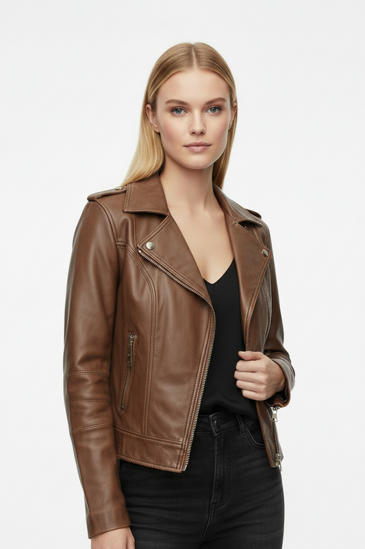 Women's Cognac Brown Leather Biker Jacket - Handcrafted Slim Fit Moto Style