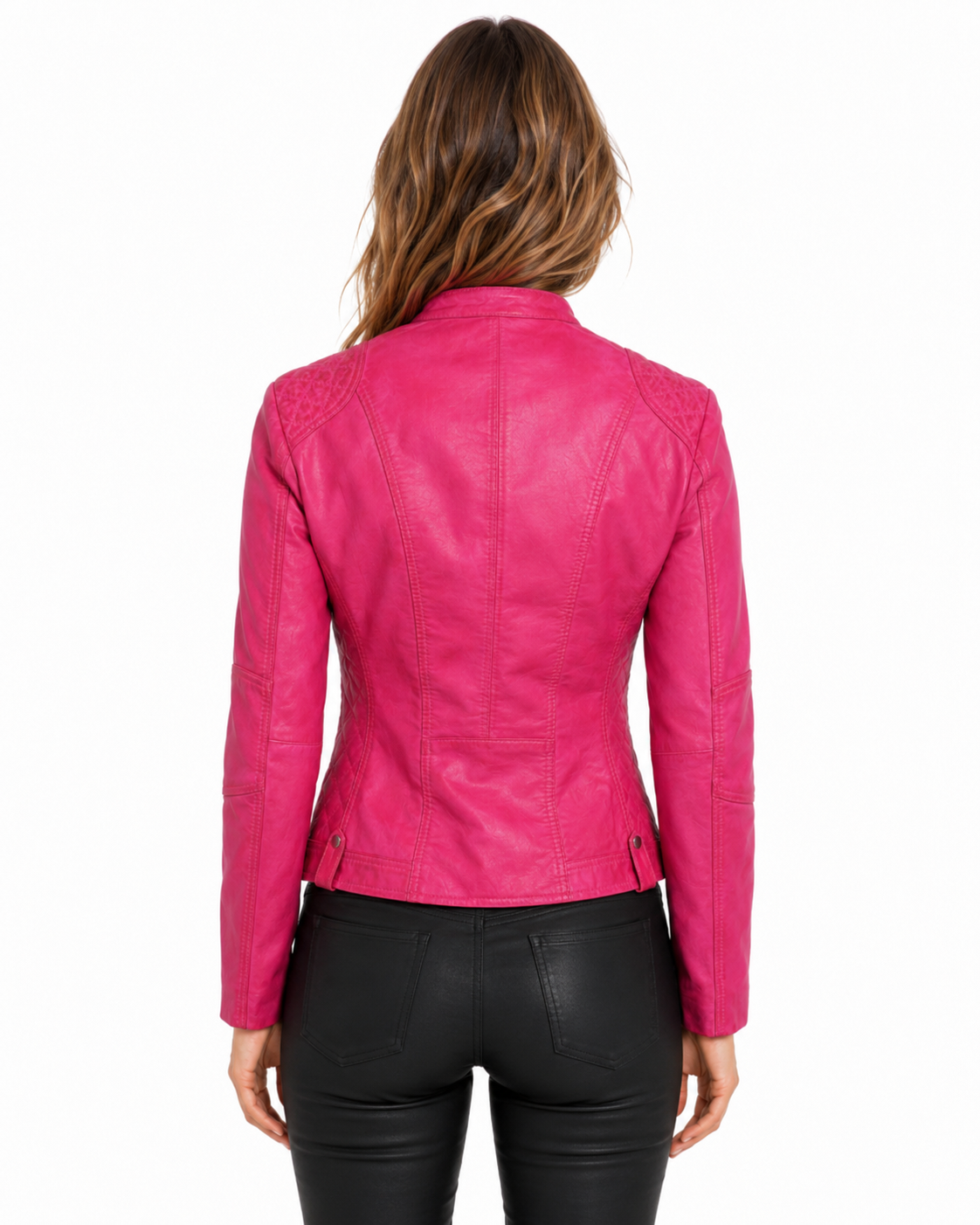 Back view of the Women’s Fuchsia Pink Leather Biker Jacket – Slim Fit Moto Style Zip-Up with Quilted Shoulders
