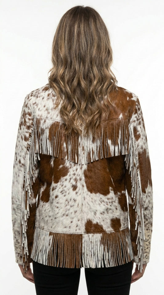 Women's Genuine Cowhide Ponyhair Fringe Jacket – Brown & White Western Hair On Hide Coat USA