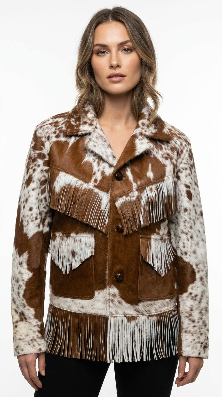 Women's Genuine Cowhide Ponyhair Fringe Jacket – Brown & White Western Hair On Hide Coat USA