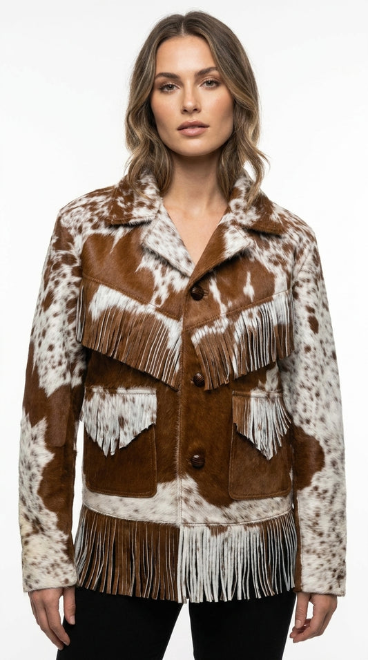 Women's Genuine Cowhide Ponyhair Fringe Jacket – Brown & White Western Hair On Hide Coat USA