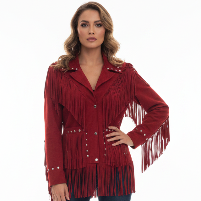 Woman wearing a red fringed jacket with a white background