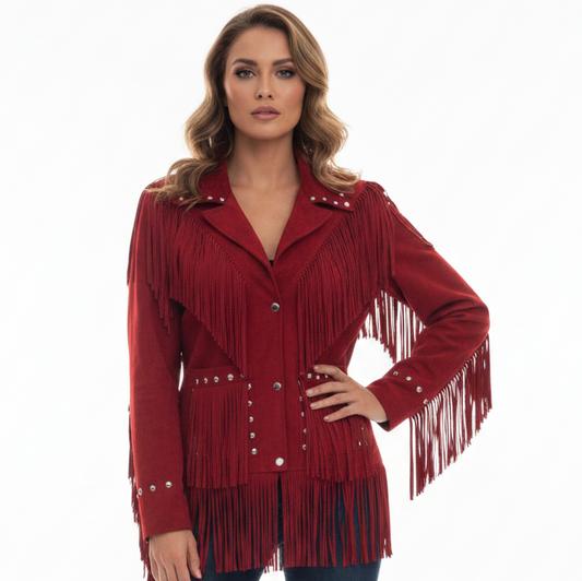 Woman wearing a red fringed jacket with a white background