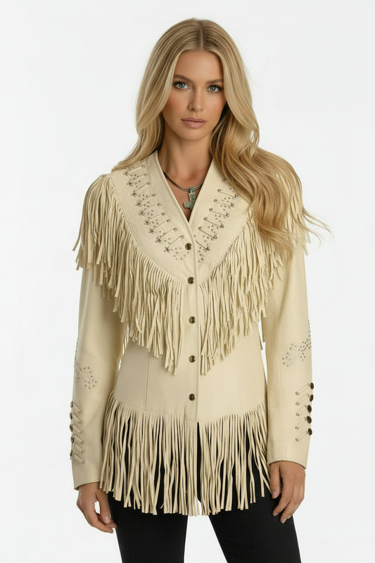 Women's ivory suede western fringe leather jacket with silver star studs and cascading fringe on chest and hem — front view