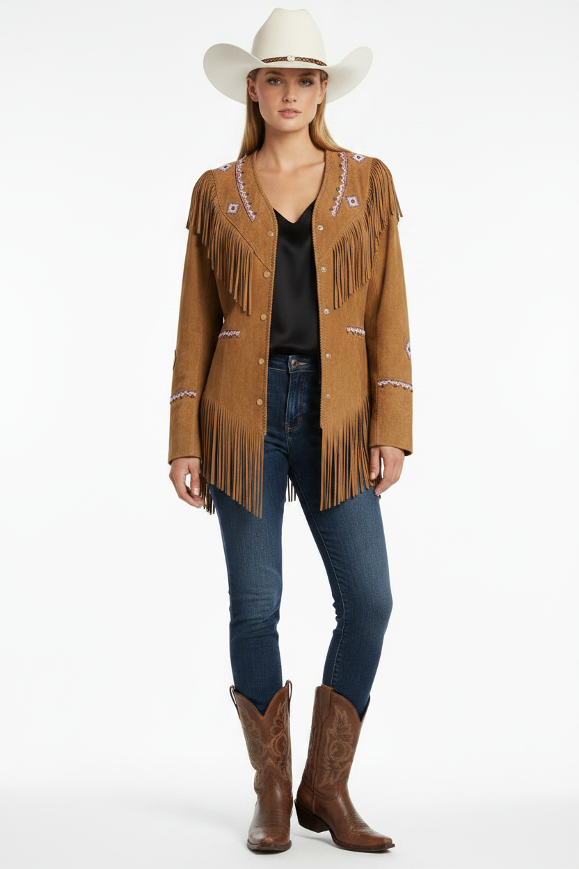 Woman wearing a brown fringed jacket, white cowboy hat, blue jeans, and brown boots on a white background