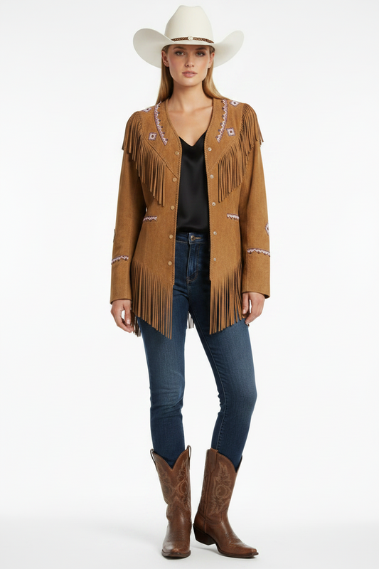 Woman wearing a brown fringed jacket, white cowboy hat, blue jeans, and brown boots on a white background