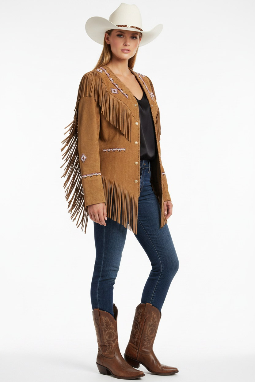 Woman wearing a brown fringe jacket, white hat, blue jeans, and brown boots on a white background